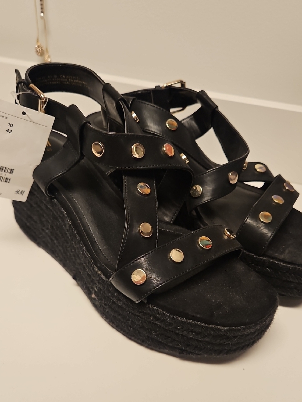 H&M Black Platform Sandals with Gold Studs